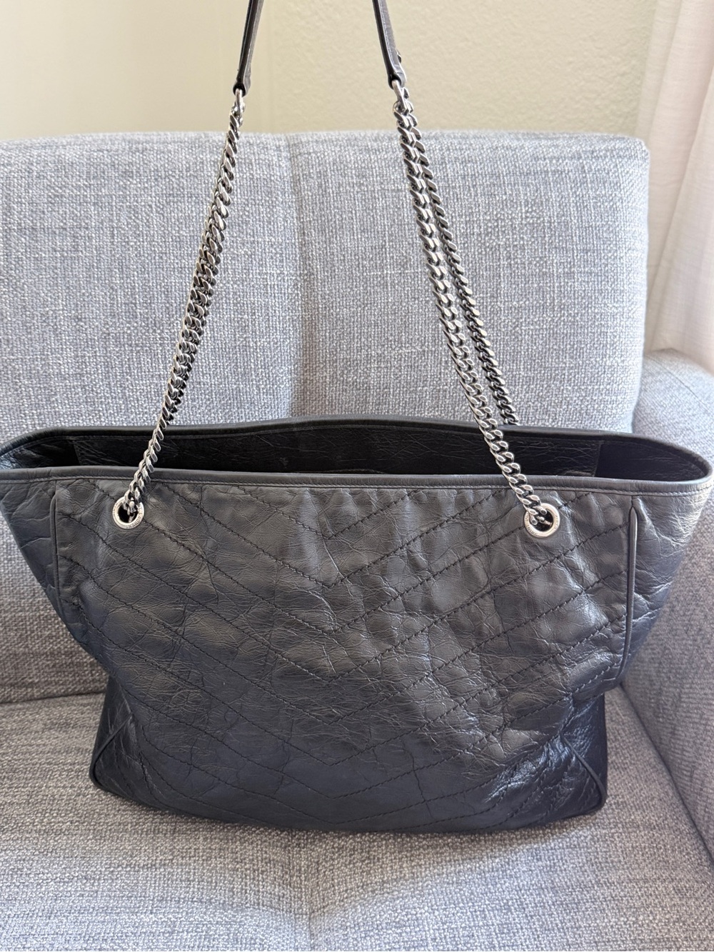 Saint Laurent Niki Black Quilted Leather Tote with Silver Chain Straps